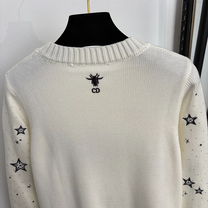 Star Rhinestone Letter Embroidery Crew Neck Knit Sweater