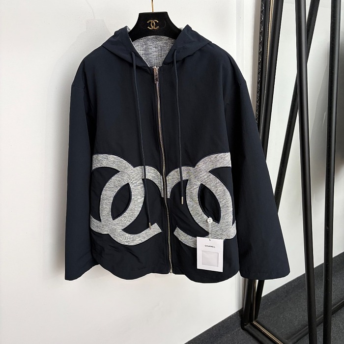 Double Sided Embroidered Pocket Hooded Zip Up Jacket