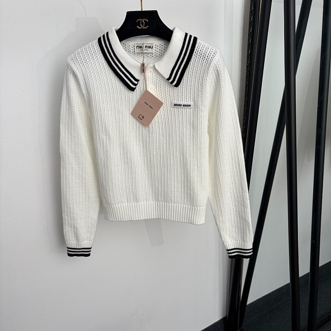 Striped Cutout Lapel Knit Sweater With Letter Detail