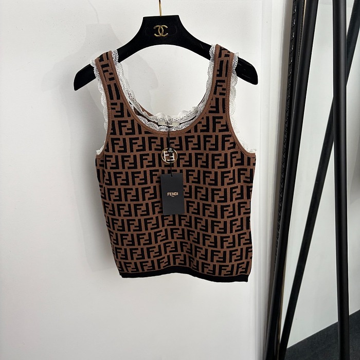 Vintage F Letter Jacquard Lace Trim Knitted Cami Top
