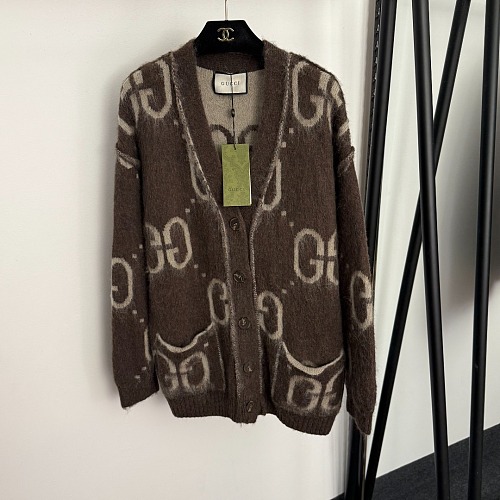 Reversible Letter Print V Neck Mohair Knit Cardigan