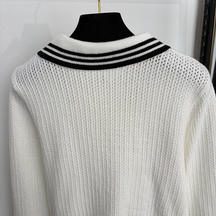 Striped Cutout Lapel Knit Sweater With Letter Detail