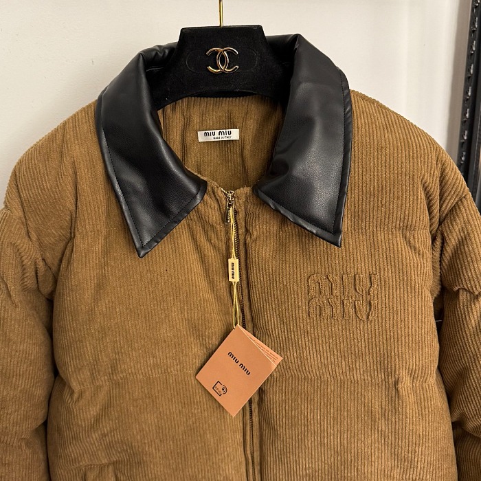 Letter Patch Corduroy Down Jacket With Contrast Shearling Collar