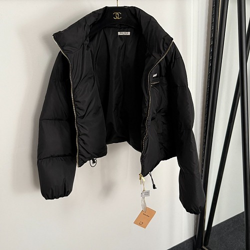 Letter Print Drawstring Hem Cropped Zip Up Puffer Jacket
