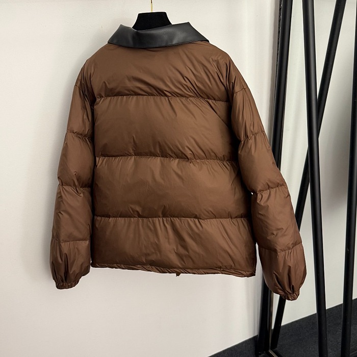 Contrast Leather Collar Zip Up Puffer Down Jacket
