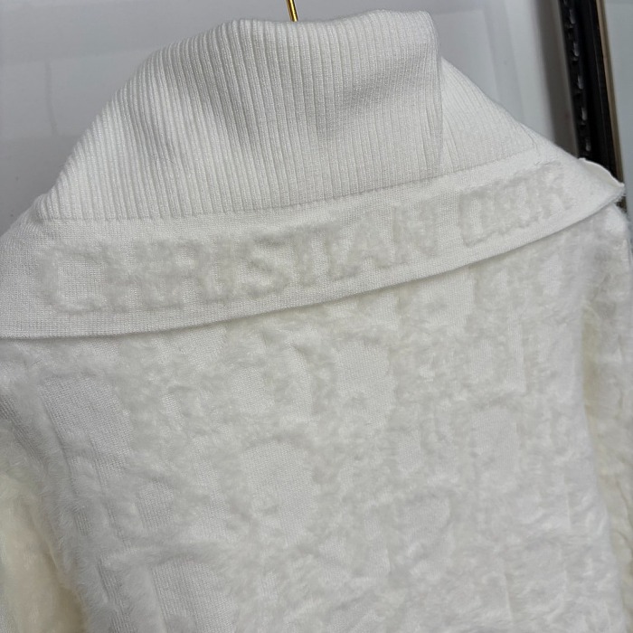 Plush Jacquard Lapel Zip Up Knit Cardigan