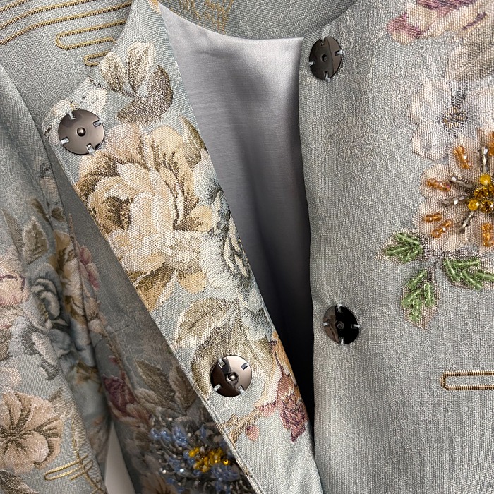 Metallic Jacquard Beaded Half Sleeve Chinese Style Dress Coat