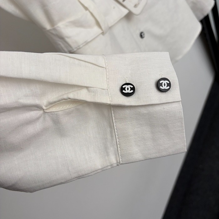 Chic Contrast Trim Linen Shirt With Belt And Metallic Buttons