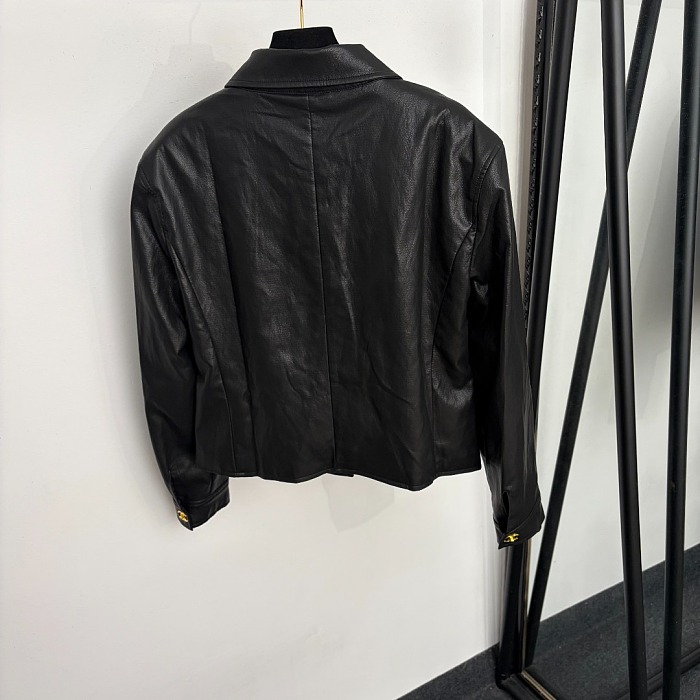 Chic Gold Button Lapel Collar Long Sleeve PU Leather Jacket