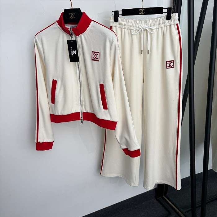 Colorblock Stand Collar Zip Jacket And Wide Leg Pants Set