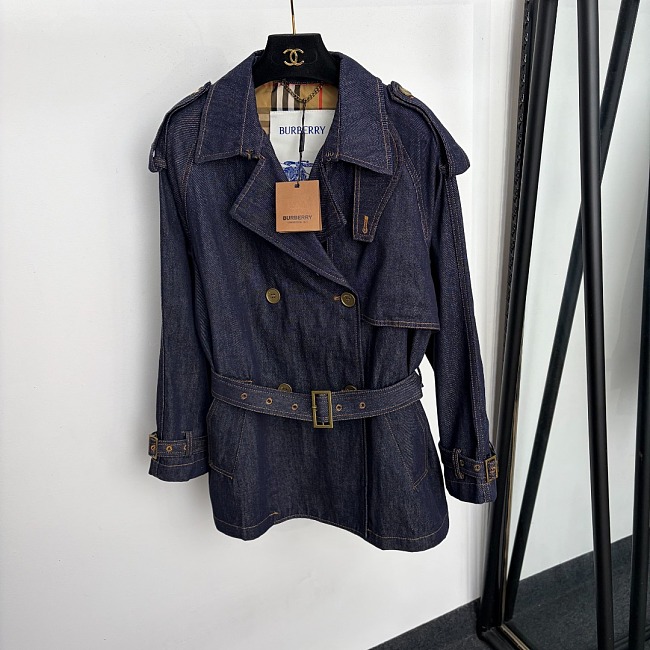 Double Breasted Crop Denim Trench Coat With Long Sleeves