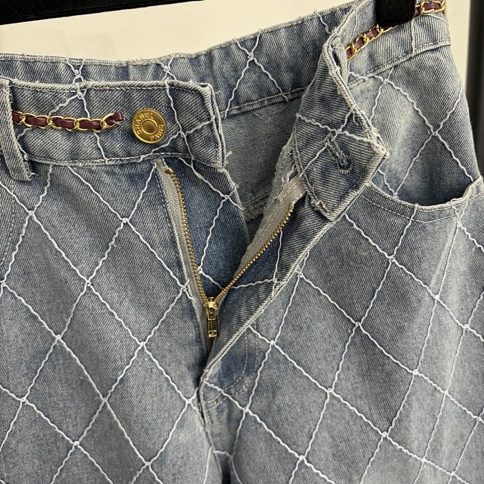 Diamond Quilted Chain Waist High Waist Wide Leg Denim Pants