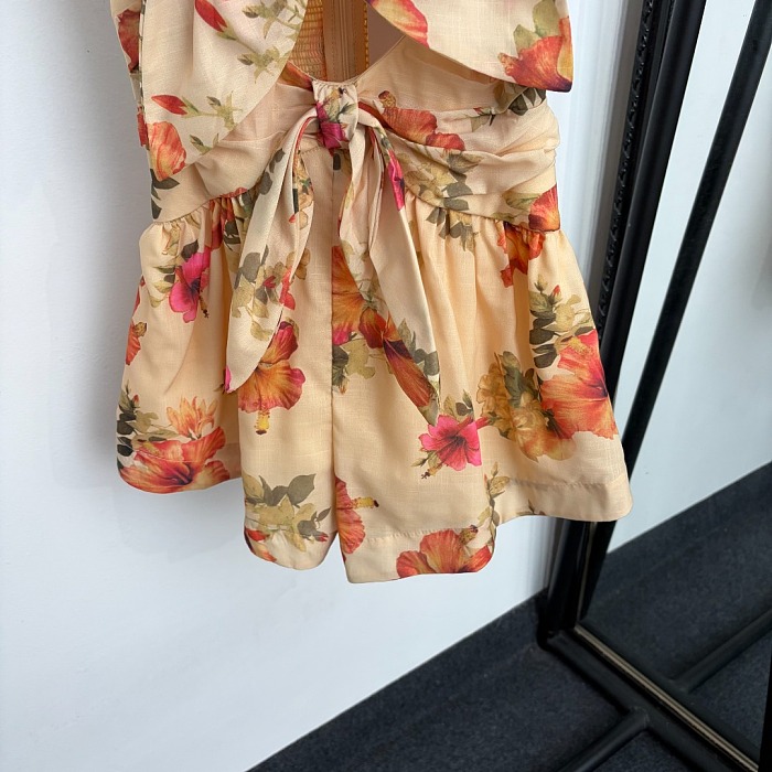 Floral Print Bow Cutout Strapless Halter Romper