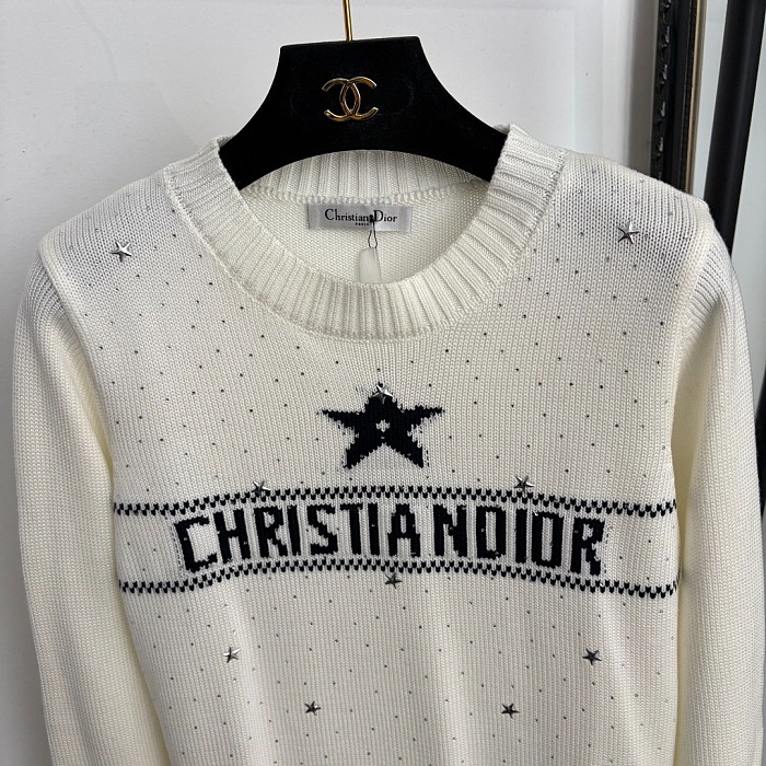Star Rhinestone Letter Jacquard Crew Neck Knit Pullover