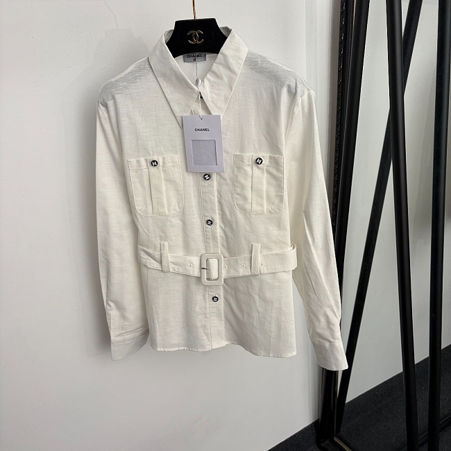 Chic Contrast Trim Linen Shirt With Belt And Metallic Buttons