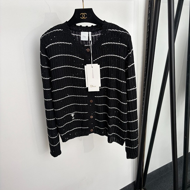 Sequin Embroidered Bee Striped Wool Knit Cardigan
