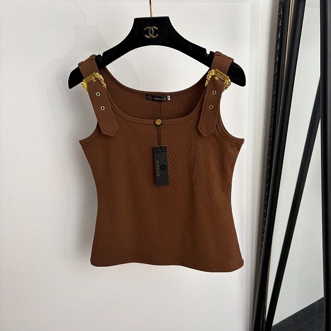 Metal Shoulder Button Ribbed Slim Fit Brown Tank Top