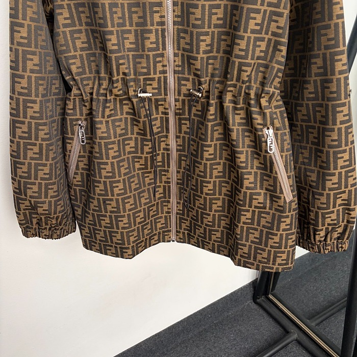 Monogram Jacquard Letter Print Drawstring Hooded Windbreaker Coat