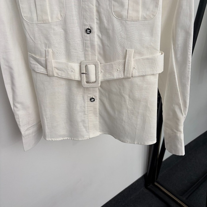 Chic Contrast Trim Linen Shirt With Belt And Metallic Buttons