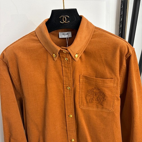Embroidered Single Pocket Long Sleeve Corduroy Button Down Shirt