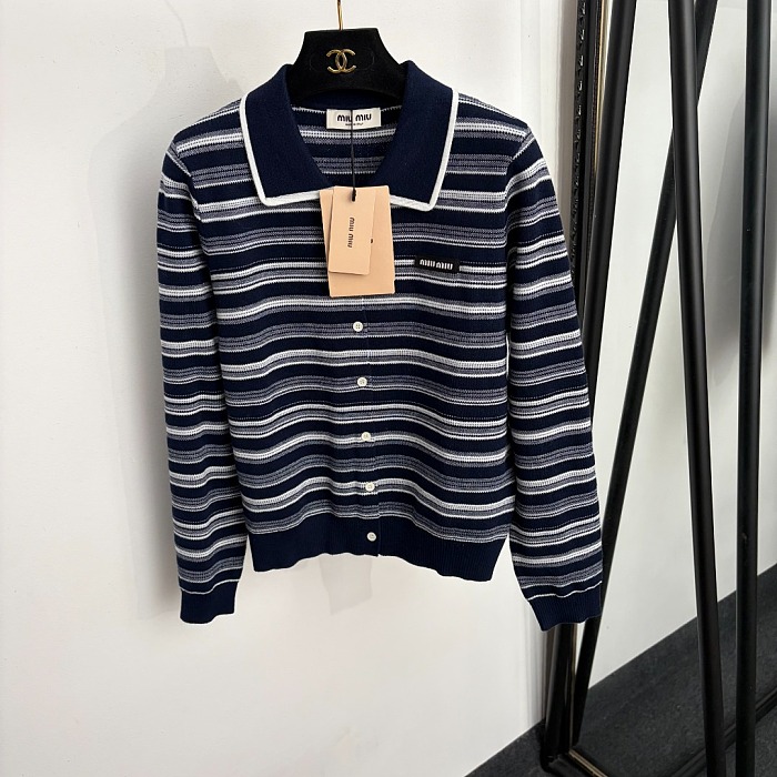 Contrast Stripe Lapel Wool Knit Cardigan