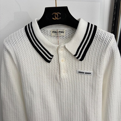 Striped Cutout Lapel Knit Sweater With Letter Detail