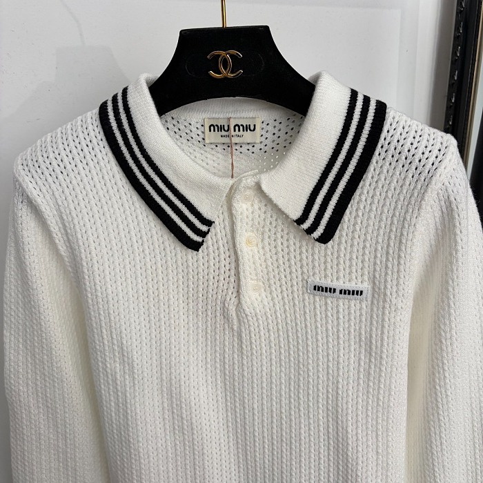 Striped Cutout Lapel Knit Sweater With Letter Detail