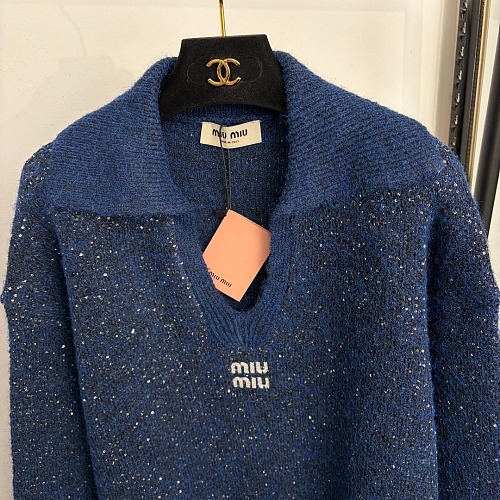 Sequin Embroidered Letter Print Polo Collar Wool Knit Sweater