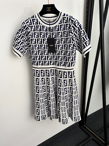 Monogram F Letter Jacquard Fitted Knit Mini Dress