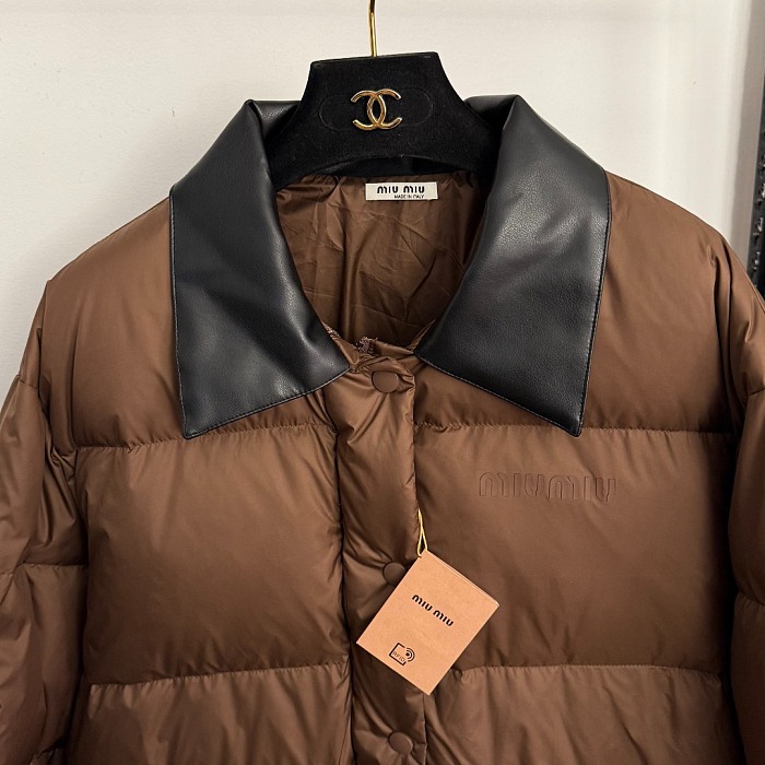 Contrast Leather Collar Zip Up Puffer Down Jacket