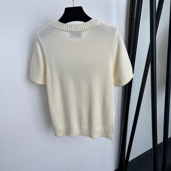 Metallic Jacquard Letter Print Short Sleeve Knit Top
