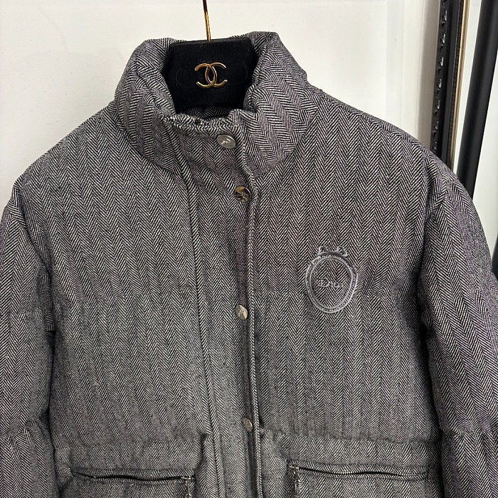 Bow Letter Embroidered Stand Collar Herringbone Padded Cotton Jacket