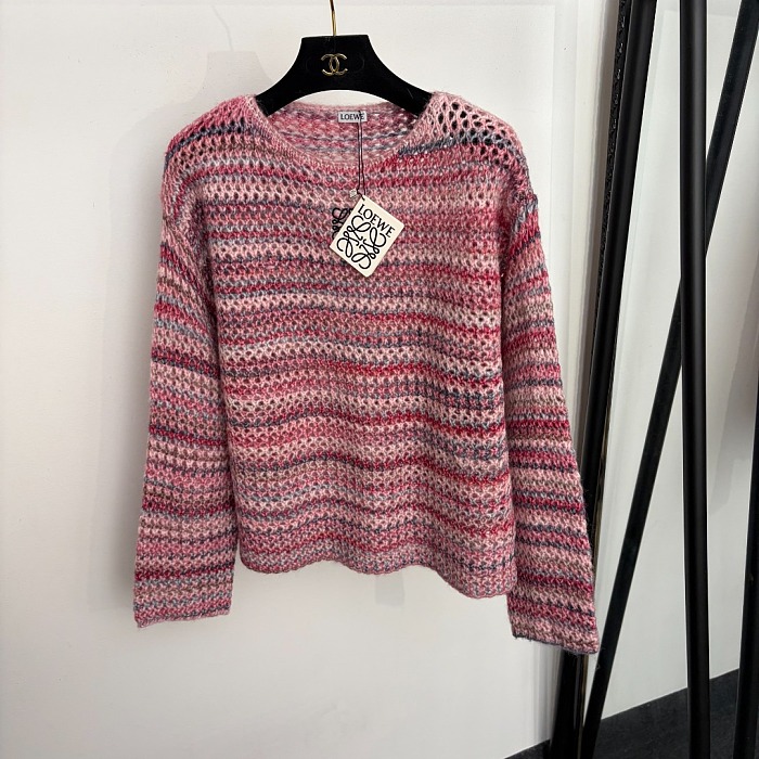 Striped Hollow Out Embroidered Icon Fuzzy Knit Long Sleeve Top