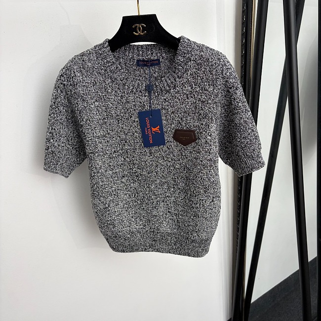 Chic Faux Leather Patch Short Sleeve Knit Pullover Top
