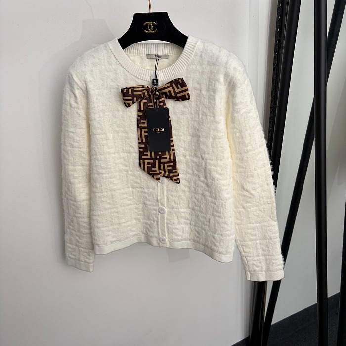 Fluffy F Letter Jacquard Bow Tie Long Sleeve Knit Cardigan