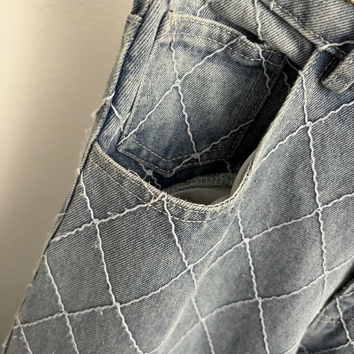 Diamond Quilted Chain Waist High Waist Wide Leg Denim Pants