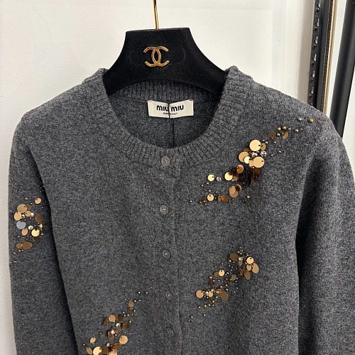 Beaded Sequin Embellished Wool Blend Long Sleeve Knit Cardigan