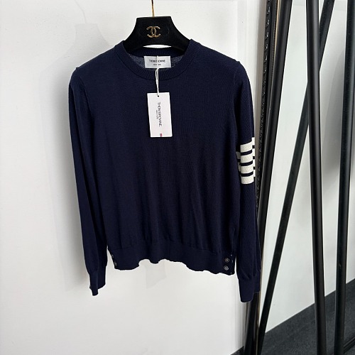 Striped Four Bar Detail Crew Neck Wool Knit Top