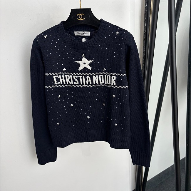 Star Rhinestone Letter Jacquard Crew Neck Knit Sweater