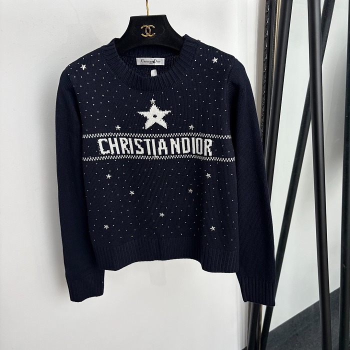 Star Rhinestone Letter Jacquard Crew Neck Knit Sweater