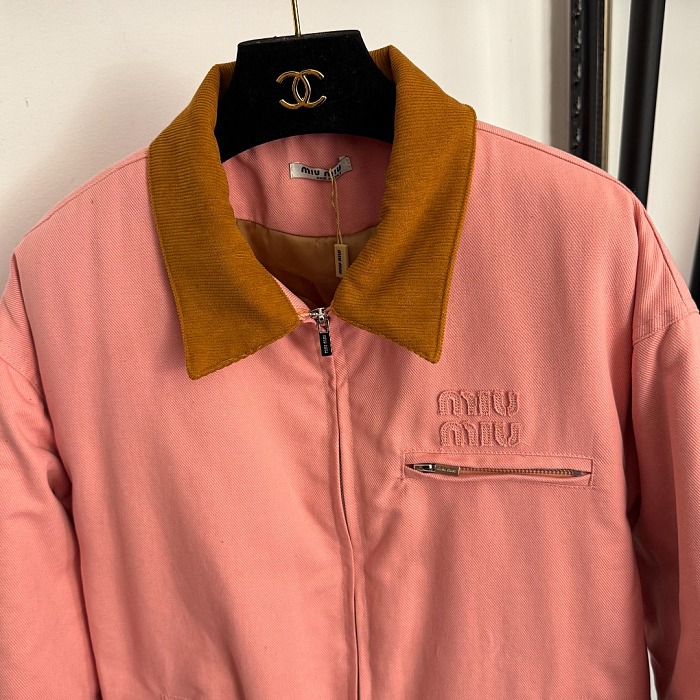 Embroidered Letter Patch Corduroy Panel Zip Up Puffer Jacket