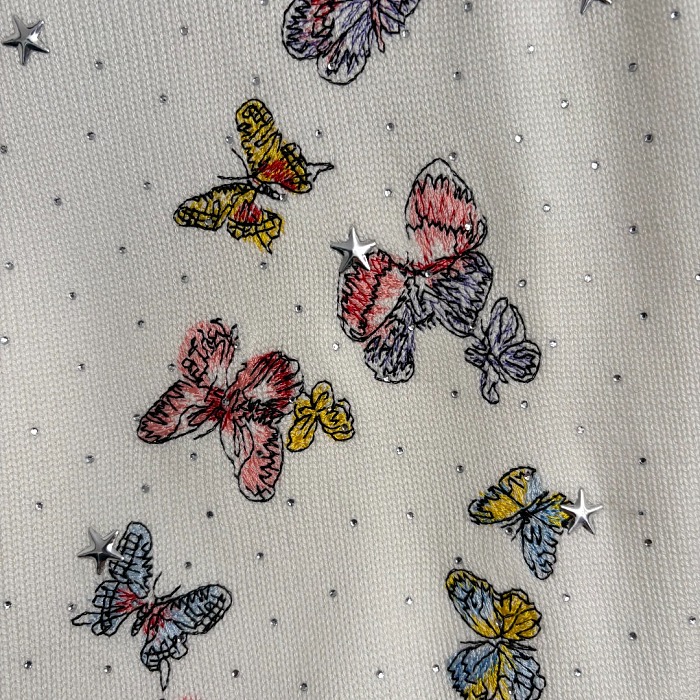 Butterfly Embroidered Star Rhinestone Pullover Knit Sweater