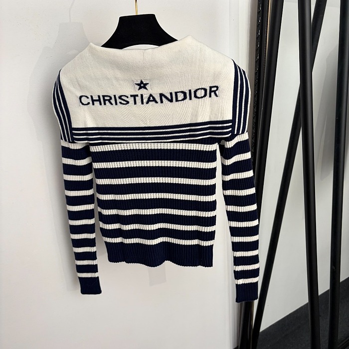 Star Letter Print Sailor Collar Striped Long Sleeve Knit Top