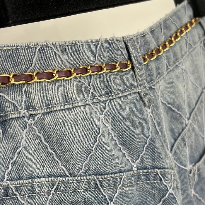 Diamond Quilted Chain Waist High Waist Wide Leg Denim Pants