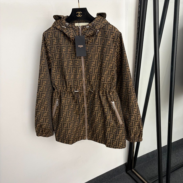 Monogram Jacquard Letter Print Drawstring Hooded Windbreaker Coat