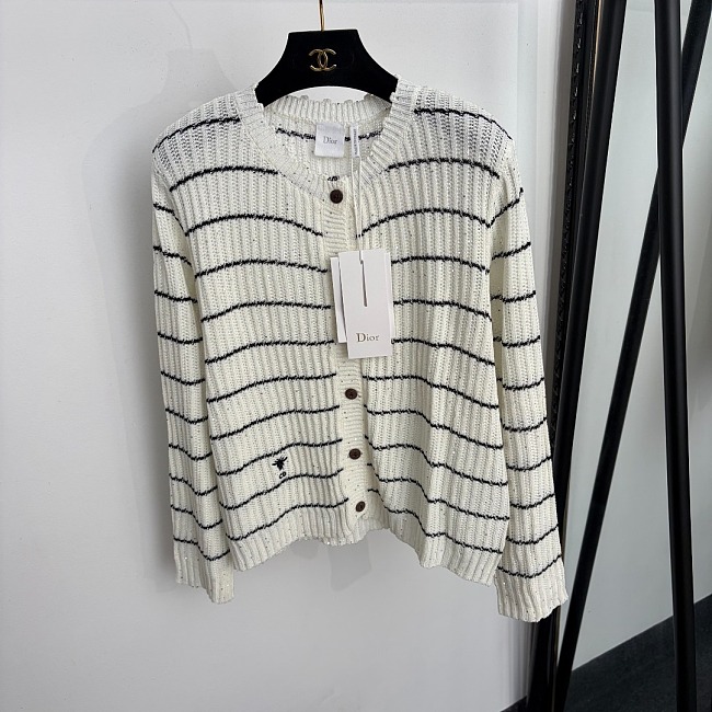 Sequin Embroidered Bee Stripe Wool Knit Cardigan