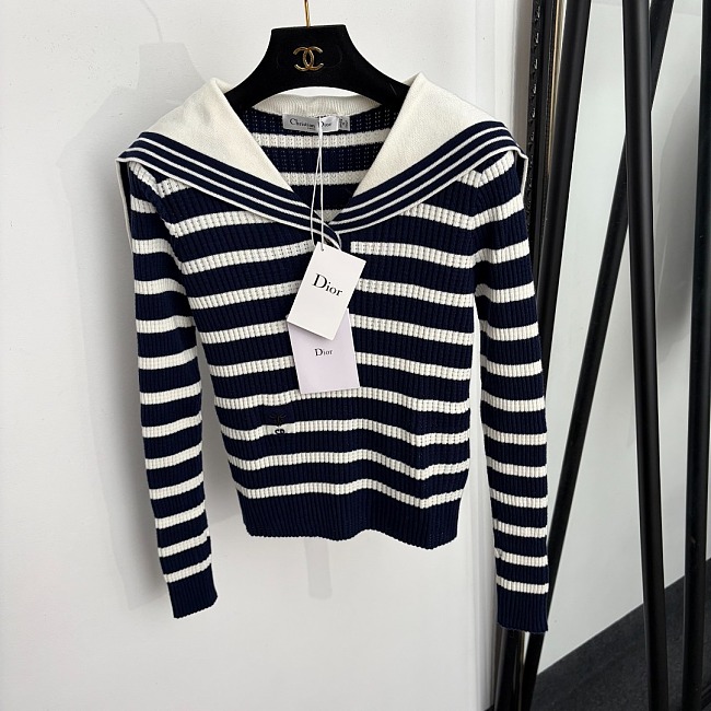 Star Letter Print Sailor Collar Striped Long Sleeve Knit Top