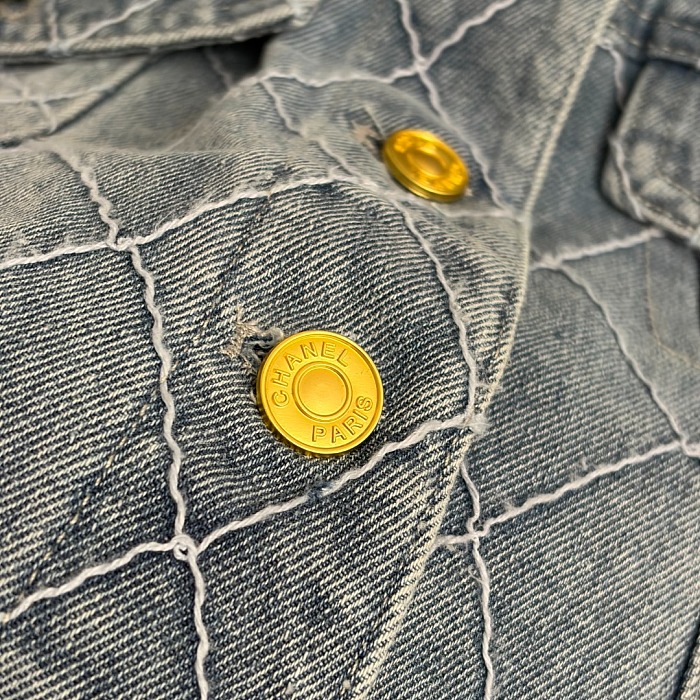 Diamond Quilted Chain Trim Crew Neck Denim Jacket