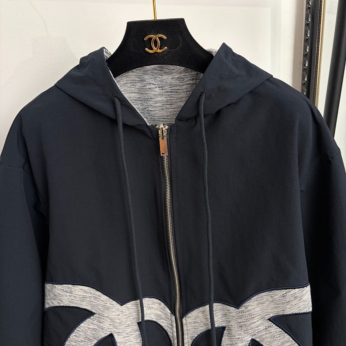 Double Sided Embroidered Pocket Hooded Zip Up Jacket