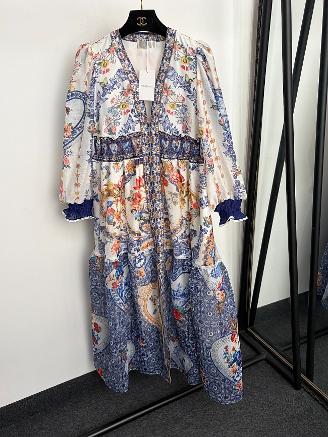 Vintage Floral Print V-Neck Fitted Long Sleeve Maxi Dress